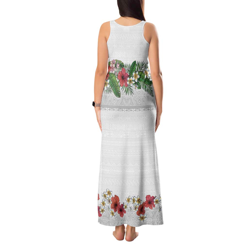 Hawaiian Tropical Flowers and Tribal Polynesian Tattoo Tank Maxi Dress White Color LT03 - Polynesian Pride