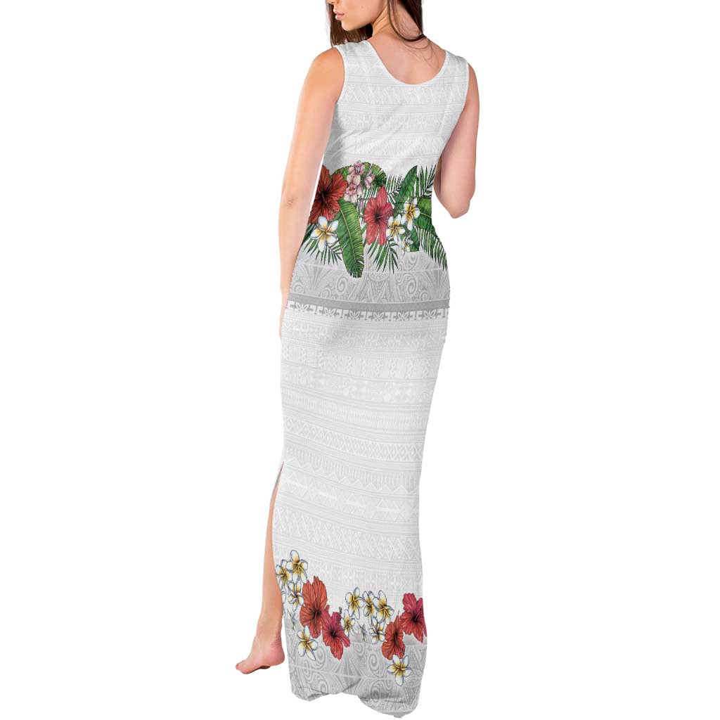 Hawaiian Tropical Flowers and Tribal Polynesian Tattoo Tank Maxi Dress White Color LT03 - Polynesian Pride