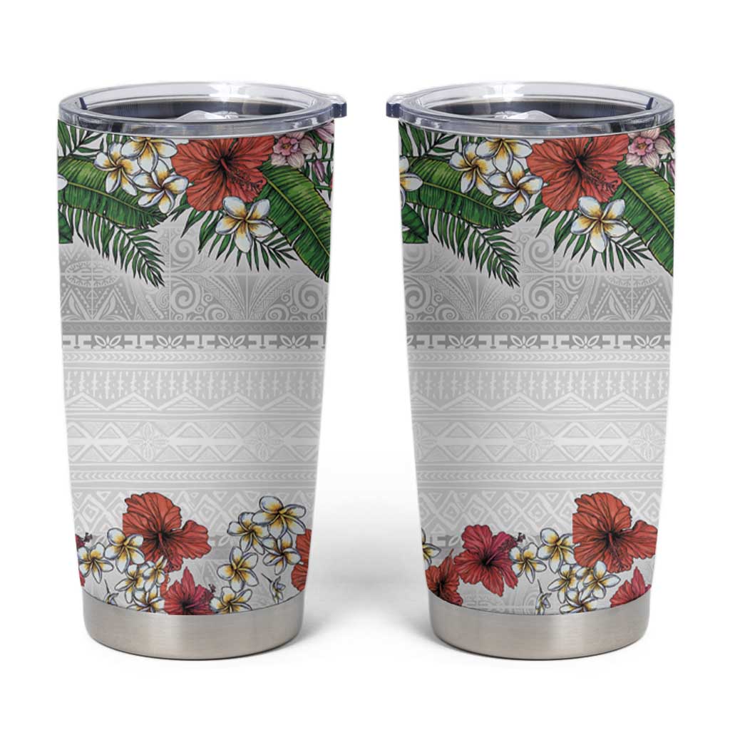 Hawaiian Tropical Flowers and Tribal Polynesian Tattoo Tumbler Cup White Color LT03 White - Polynesian Pride