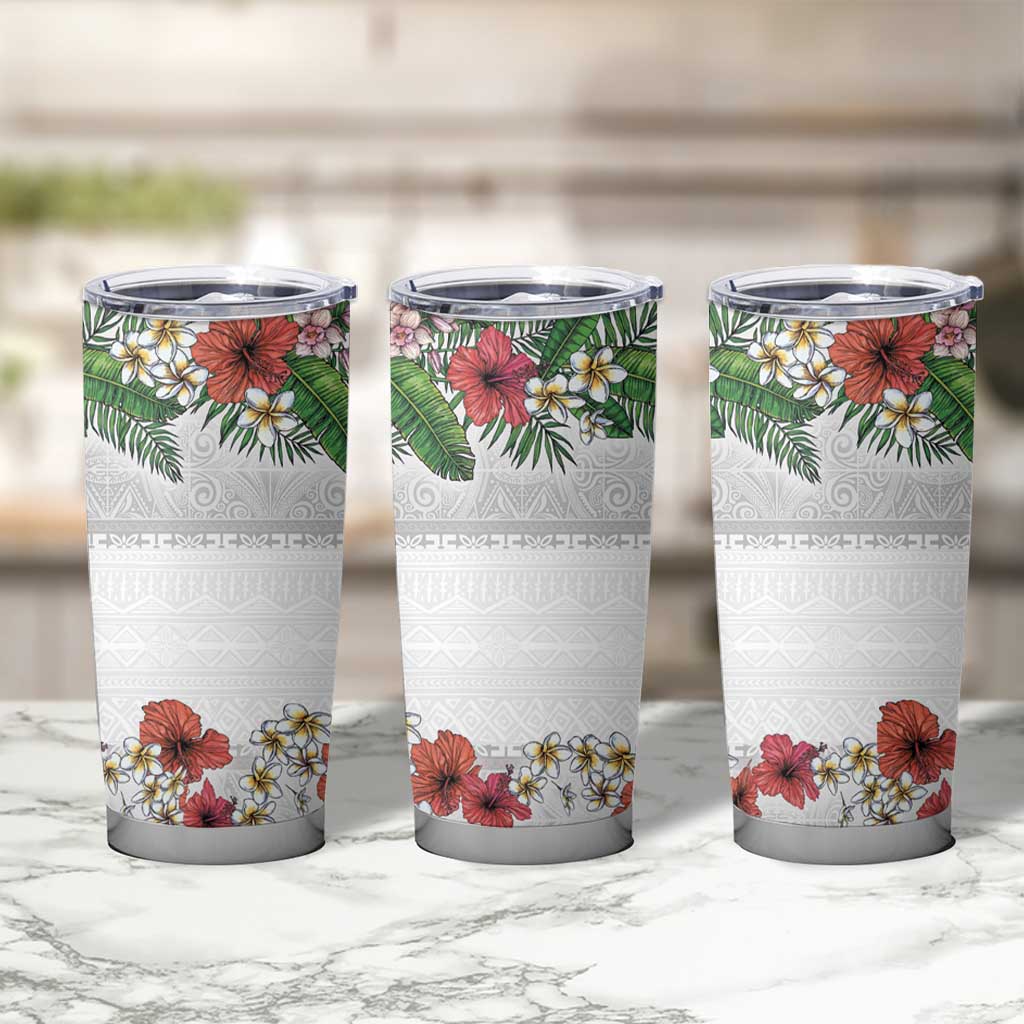 Hawaiian Tropical Flowers and Tribal Polynesian Tattoo Tumbler Cup White Color LT03 - Polynesian Pride