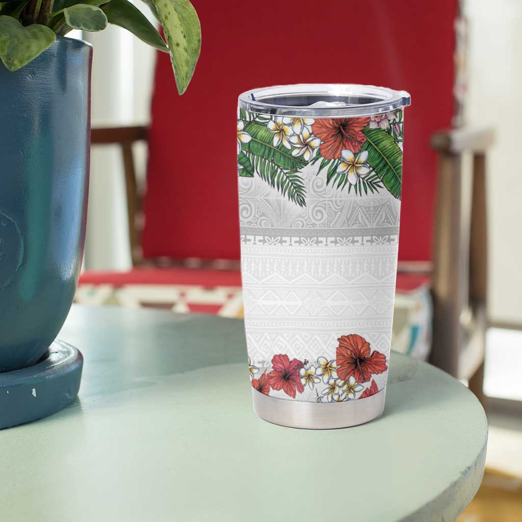 Hawaiian Tropical Flowers and Tribal Polynesian Tattoo Tumbler Cup White Color LT03 - Polynesian Pride