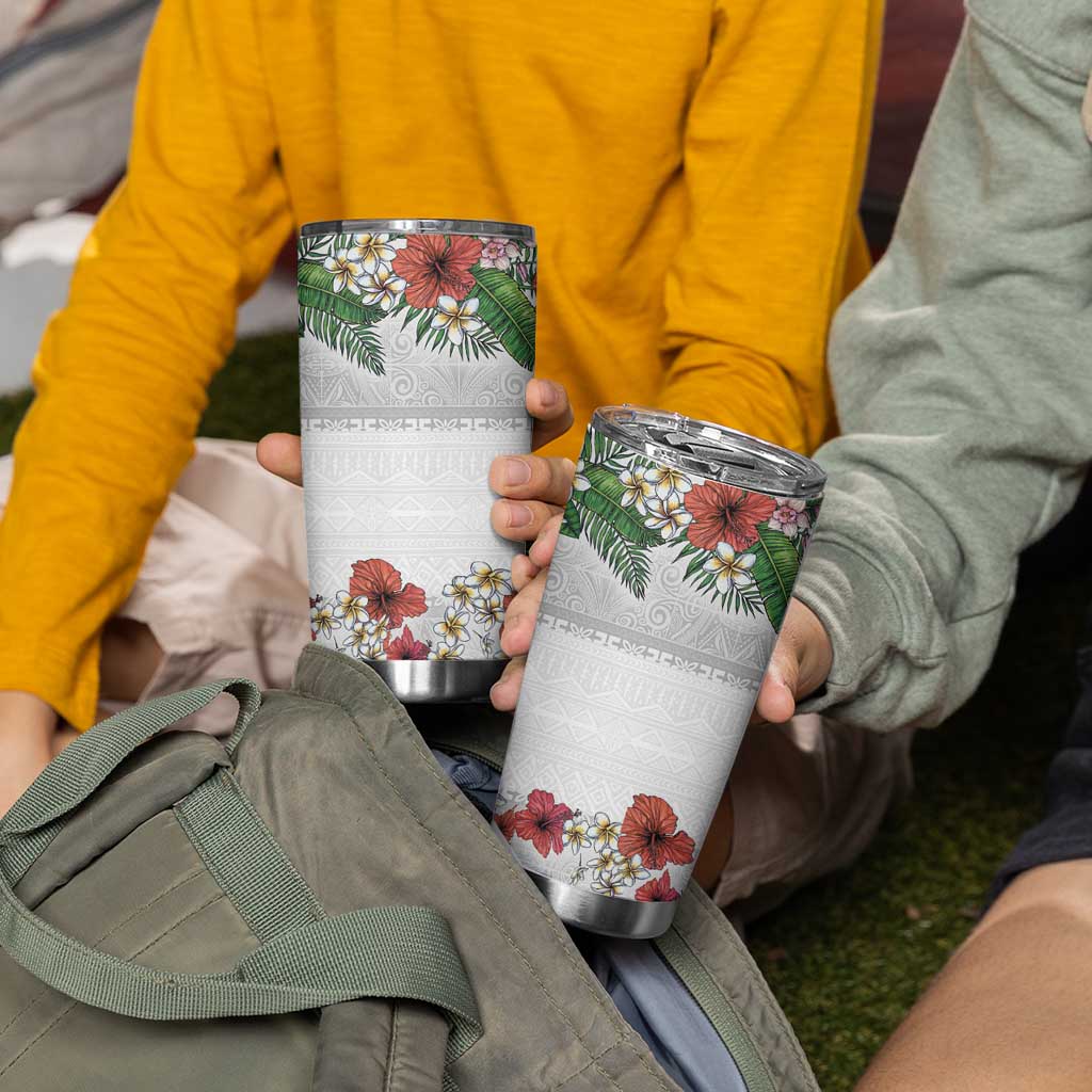 Hawaiian Tropical Flowers and Tribal Polynesian Tattoo Tumbler Cup White Color LT03 - Polynesian Pride