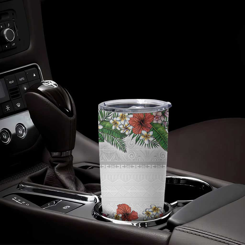 Hawaiian Tropical Flowers and Tribal Polynesian Tattoo Tumbler Cup White Color LT03 - Polynesian Pride