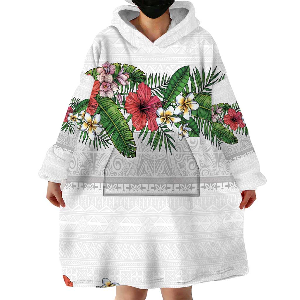 Hawaiian Tropical Flowers and Tribal Polynesian Tattoo Wearable Blanket Hoodie White Color LT03 - Polynesian Pride