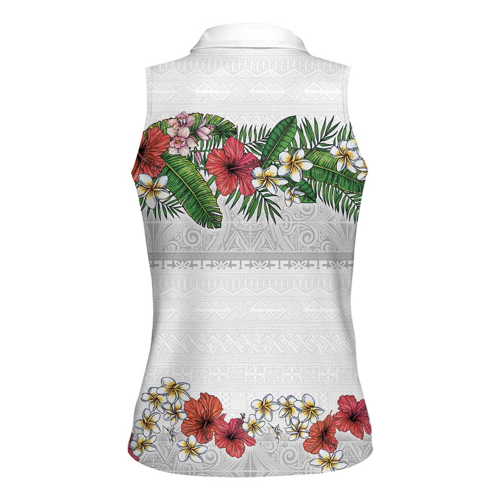 Hawaiian Tropical Flowers and Tribal Polynesian Tattoo Women Sleeveless Polo Shirt White Color LT03 - Polynesian Pride