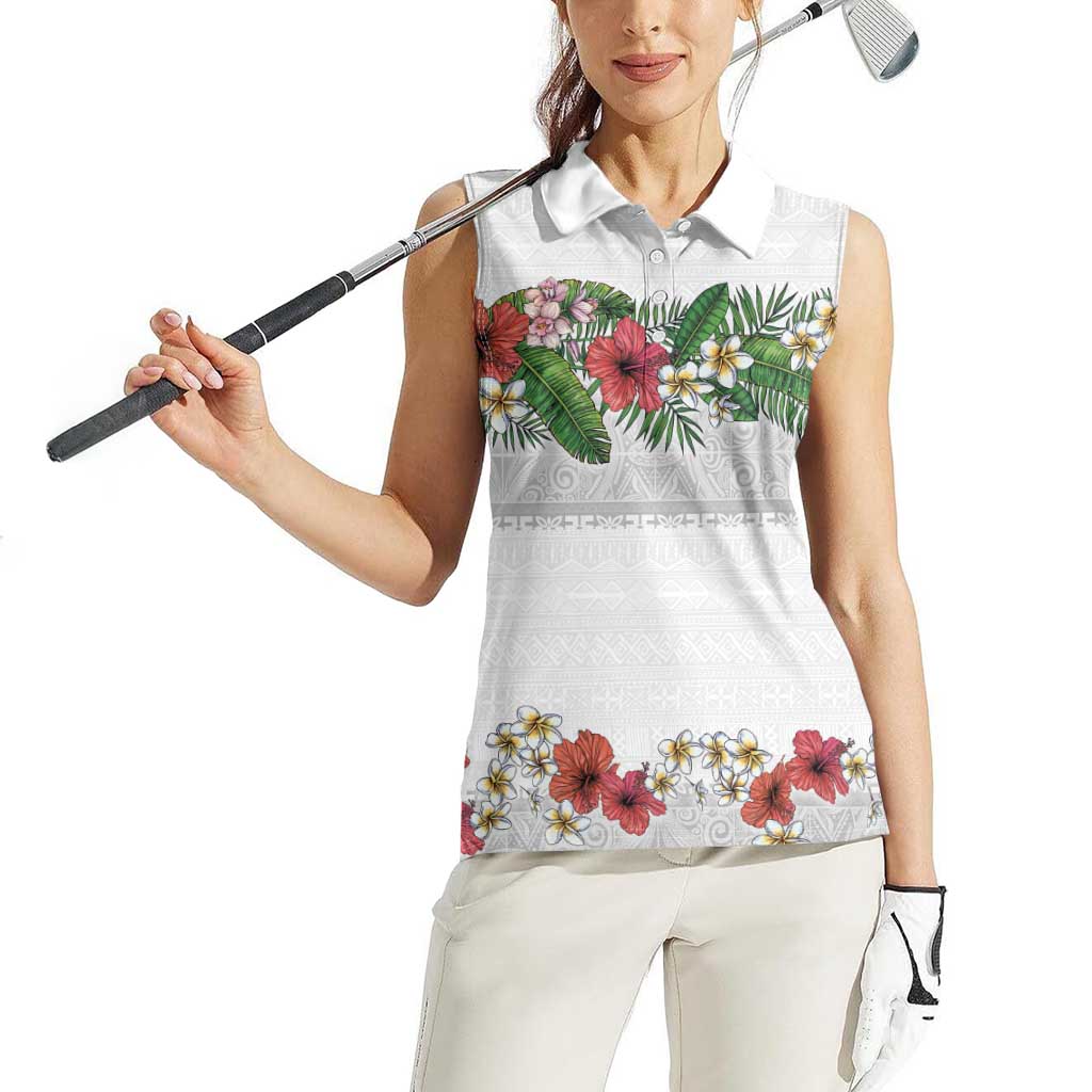 Hawaiian Tropical Flowers and Tribal Polynesian Tattoo Women Sleeveless Polo Shirt White Color LT03 - Polynesian Pride