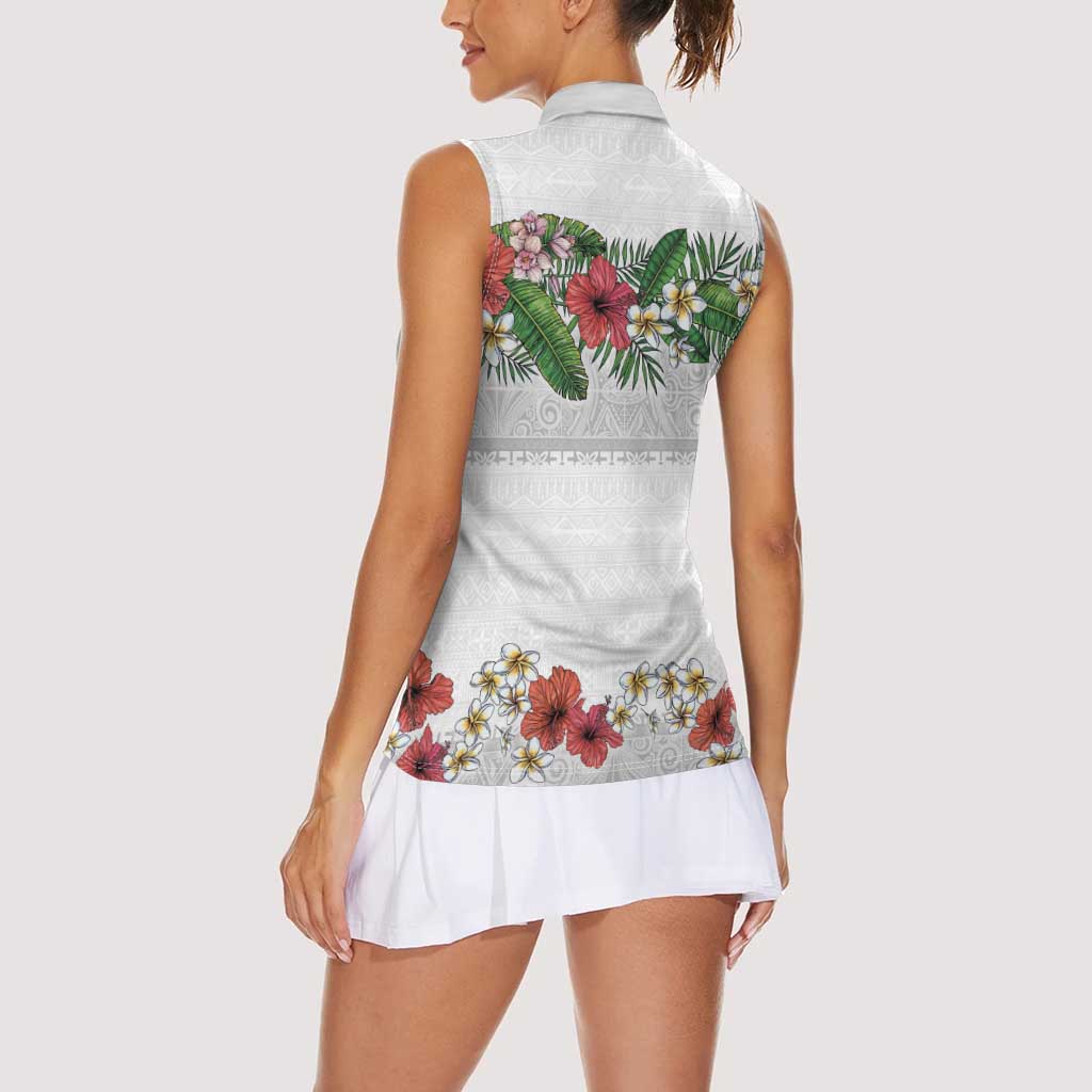Hawaiian Tropical Flowers and Tribal Polynesian Tattoo Women Sleeveless Polo Shirt White Color LT03 - Polynesian Pride
