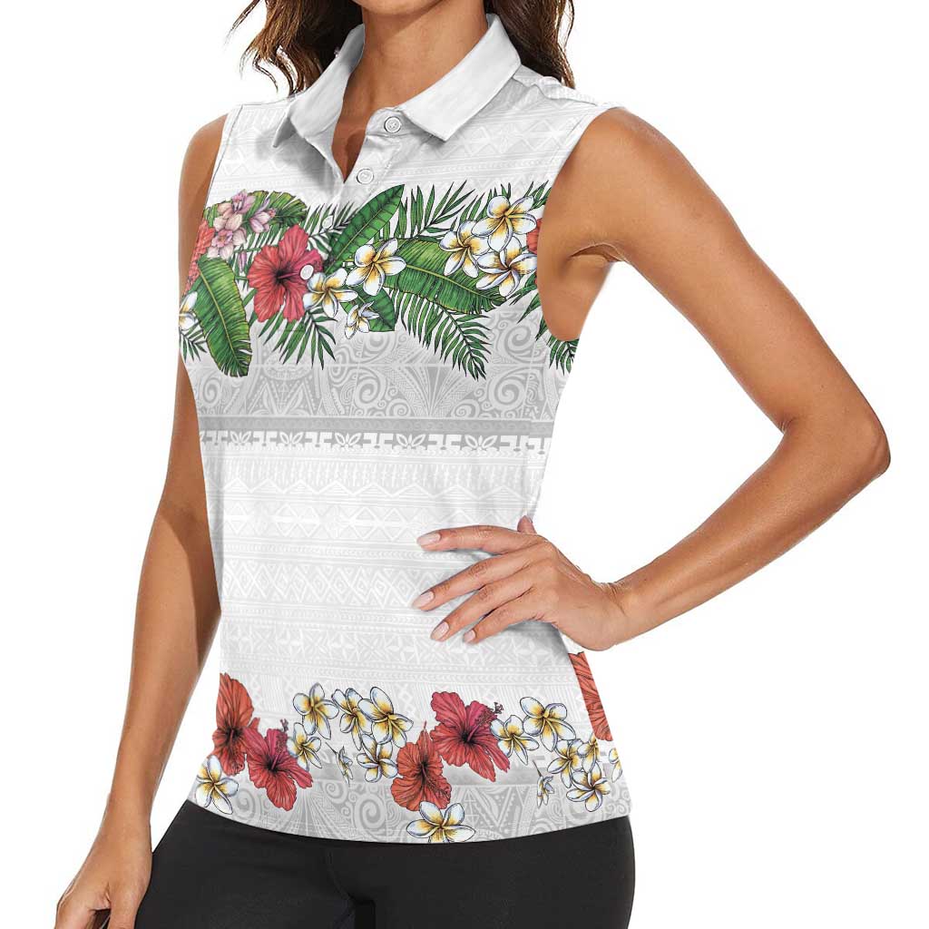 Hawaiian Tropical Flowers and Tribal Polynesian Tattoo Women Sleeveless Polo Shirt White Color LT03 - Polynesian Pride