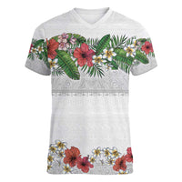 Hawaiian Tropical Flowers and Tribal Polynesian Tattoo Women V-Neck T-Shirt White Color LT03 Female White - Polynesian Pride