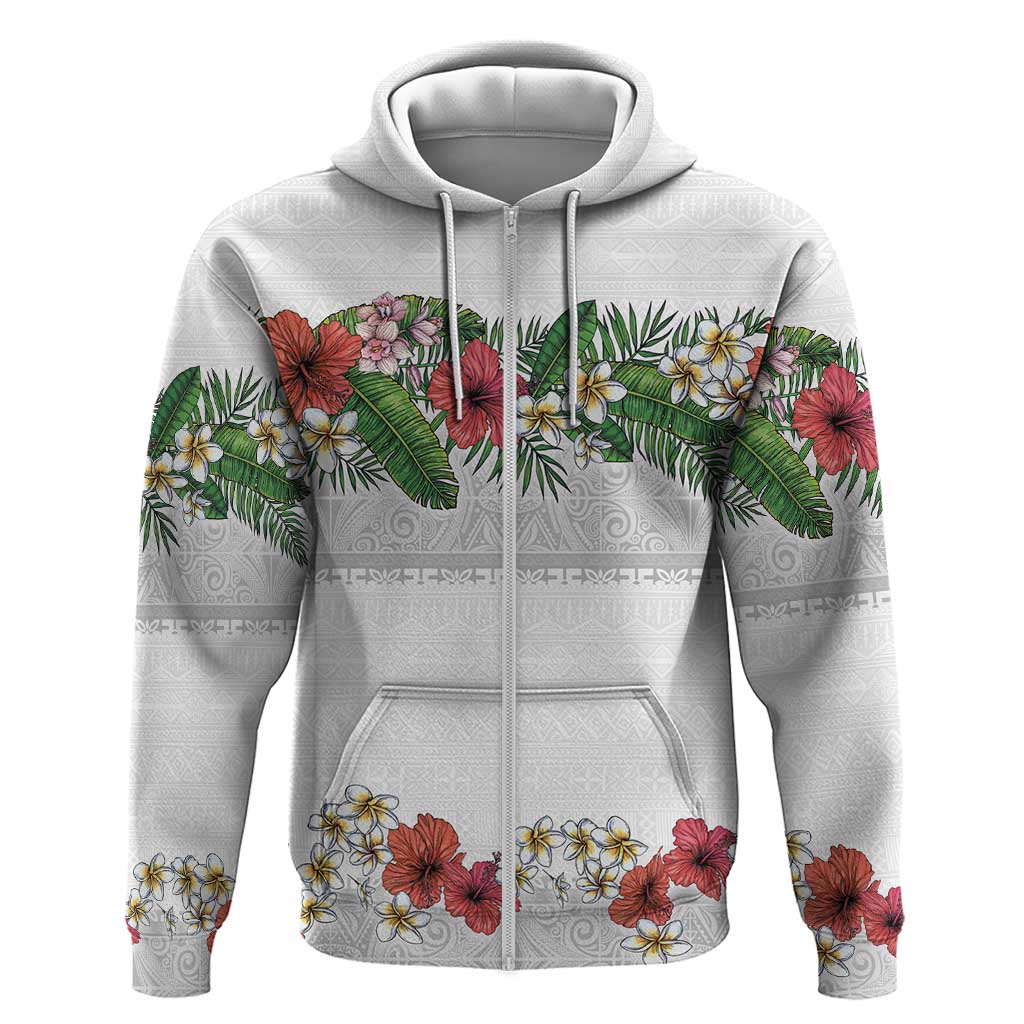 Hawaiian Tropical Flowers and Tribal Polynesian Tattoo Zip Hoodie White Color LT03 Zip Hoodie White - Polynesian Pride