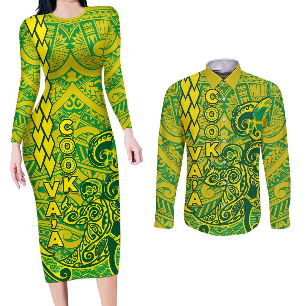 Cook Islands Va'a Polynesian Art Tattoo Couples Matching Long Sleeve Bodycon Dress and Long Sleeve Button Shirt National Color LT03 Green - Yellow - Polynesian Pride