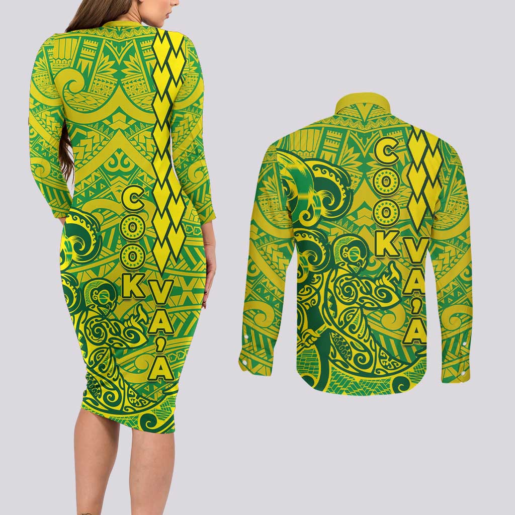 Cook Islands Va'a Polynesian Art Tattoo Couples Matching Long Sleeve Bodycon Dress and Long Sleeve Button Shirt National Color LT03 - Polynesian Pride