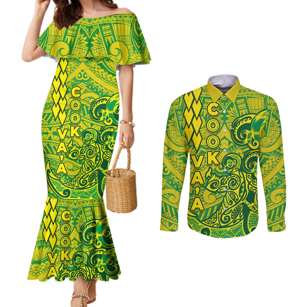 Cook Islands Va'a Polynesian Art Tattoo Couples Matching Mermaid Dress and Long Sleeve Button Shirt National Color LT03 Green - Yellow - Polynesian Pride