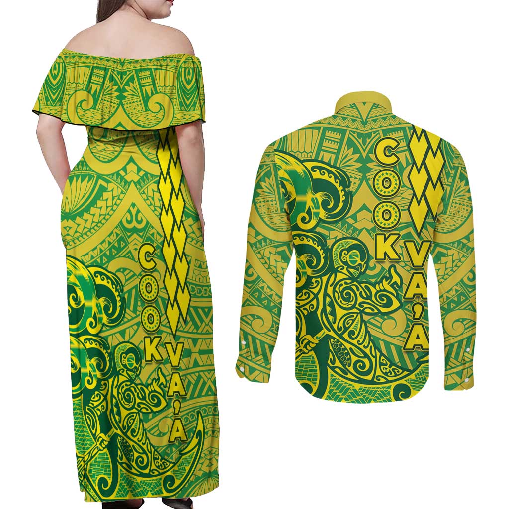 Cook Islands Va'a Polynesian Art Tattoo Couples Matching Off Shoulder Maxi Dress and Long Sleeve Button Shirt National Color LT03 - Polynesian Pride