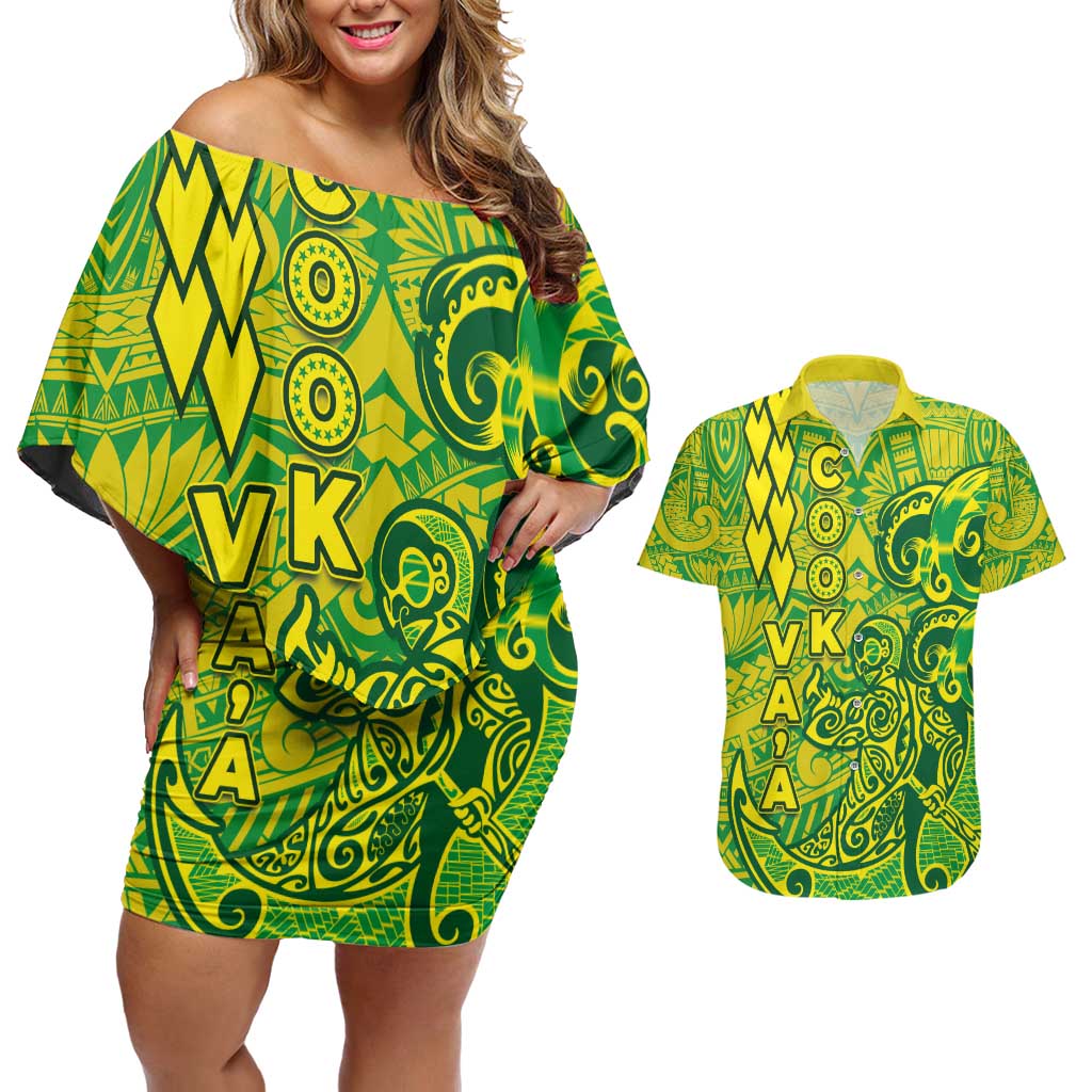 Cook Islands Va'a Polynesian Art Tattoo Couples Matching Off Shoulder Short Dress and Hawaiian Shirt National Color LT03 Green - Yellow - Polynesian Pride