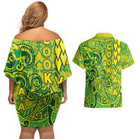 Cook Islands Va'a Polynesian Art Tattoo Couples Matching Off Shoulder Short Dress and Hawaiian Shirt National Color LT03 - Polynesian Pride