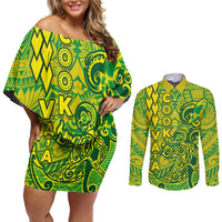 Cook Islands Va'a Polynesian Art Tattoo Couples Matching Off Shoulder Short Dress and Long Sleeve Button Shirt National Color LT03 Green - Yellow - Polynesian Pride