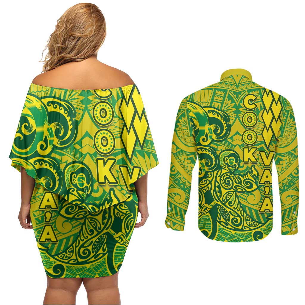 Cook Islands Va'a Polynesian Art Tattoo Couples Matching Off Shoulder Short Dress and Long Sleeve Button Shirt National Color LT03 - Polynesian Pride