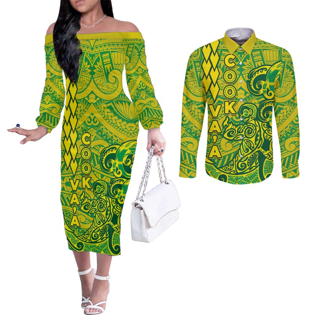 Cook Islands Va'a Polynesian Art Tattoo Couples Matching Off The Shoulder Long Sleeve Dress and Long Sleeve Button Shirt National Color LT03 Green - Yellow - Polynesian Pride