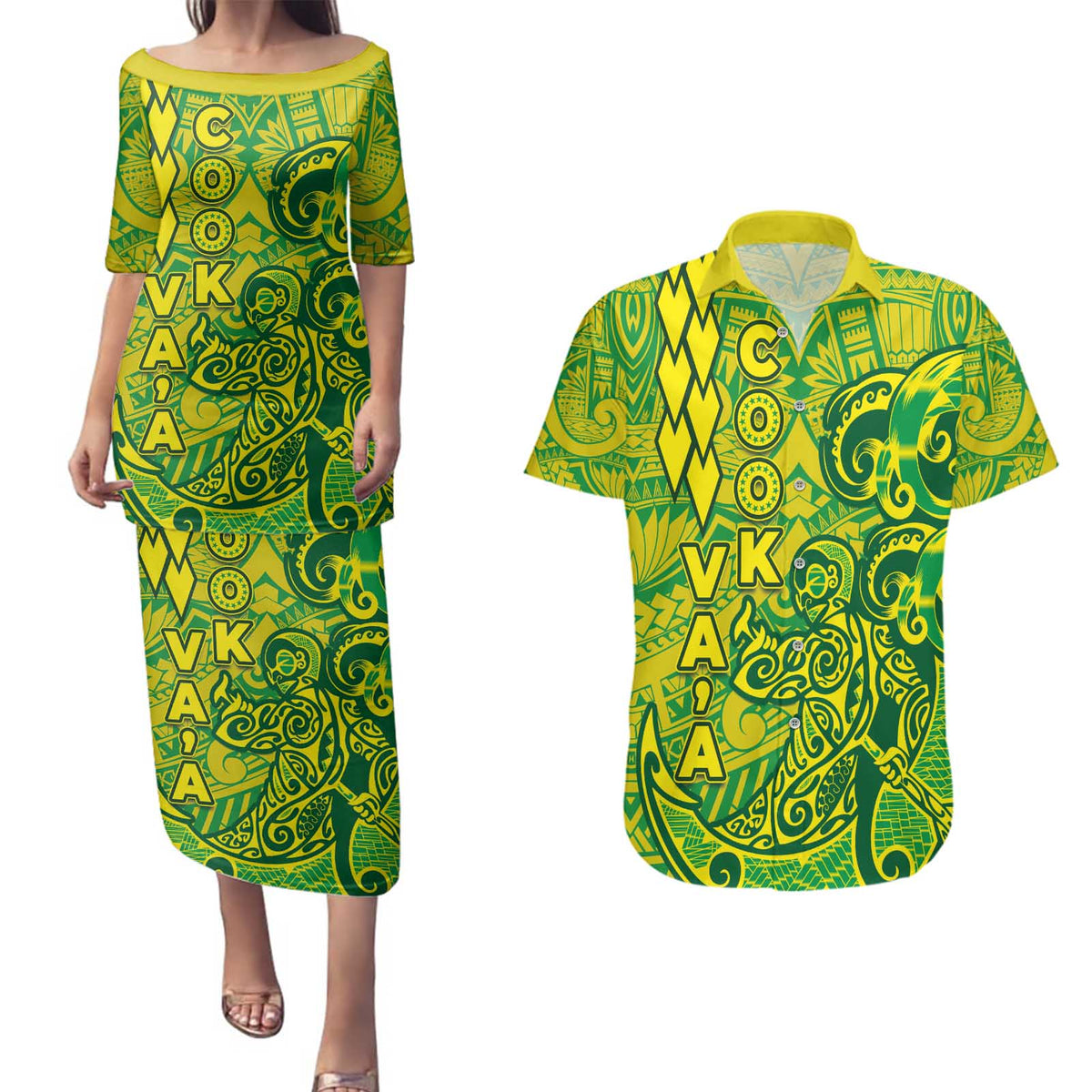 Cook Islands Va'a Polynesian Art Tattoo Couples Matching Puletasi and Hawaiian Shirt National Color LT03 Green - Yellow - Polynesian Pride