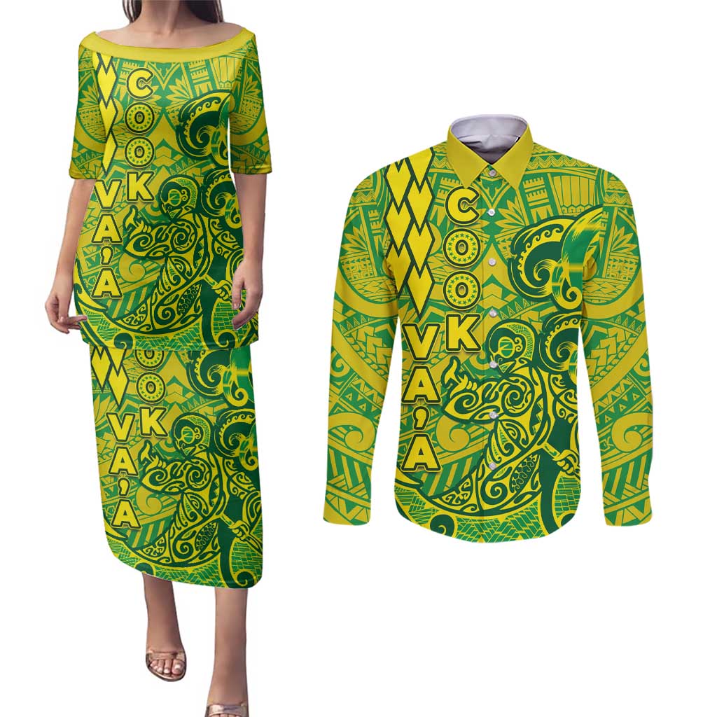 Cook Islands Va'a Polynesian Art Tattoo Couples Matching Puletasi and Long Sleeve Button Shirt National Color LT03 Green - Yellow - Polynesian Pride