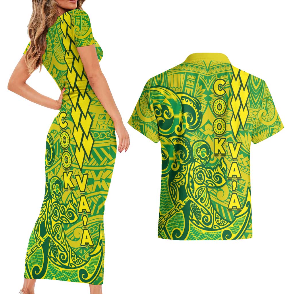 Cook Islands Va'a Polynesian Art Tattoo Couples Matching Short Sleeve Bodycon Dress and Hawaiian Shirt National Color LT03 - Polynesian Pride