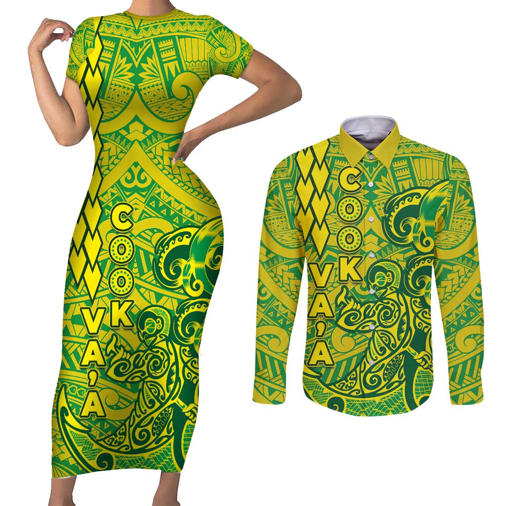 Cook Islands Va'a Polynesian Art Tattoo Couples Matching Short Sleeve Bodycon Dress and Long Sleeve Button Shirt National Color LT03 Green - Yellow - Polynesian Pride