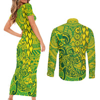 Cook Islands Va'a Polynesian Art Tattoo Couples Matching Short Sleeve Bodycon Dress and Long Sleeve Button Shirt National Color LT03 - Polynesian Pride
