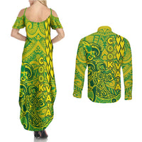 Cook Islands Va'a Polynesian Art Tattoo Couples Matching Summer Maxi Dress and Long Sleeve Button Shirt National Color LT03 - Polynesian Pride