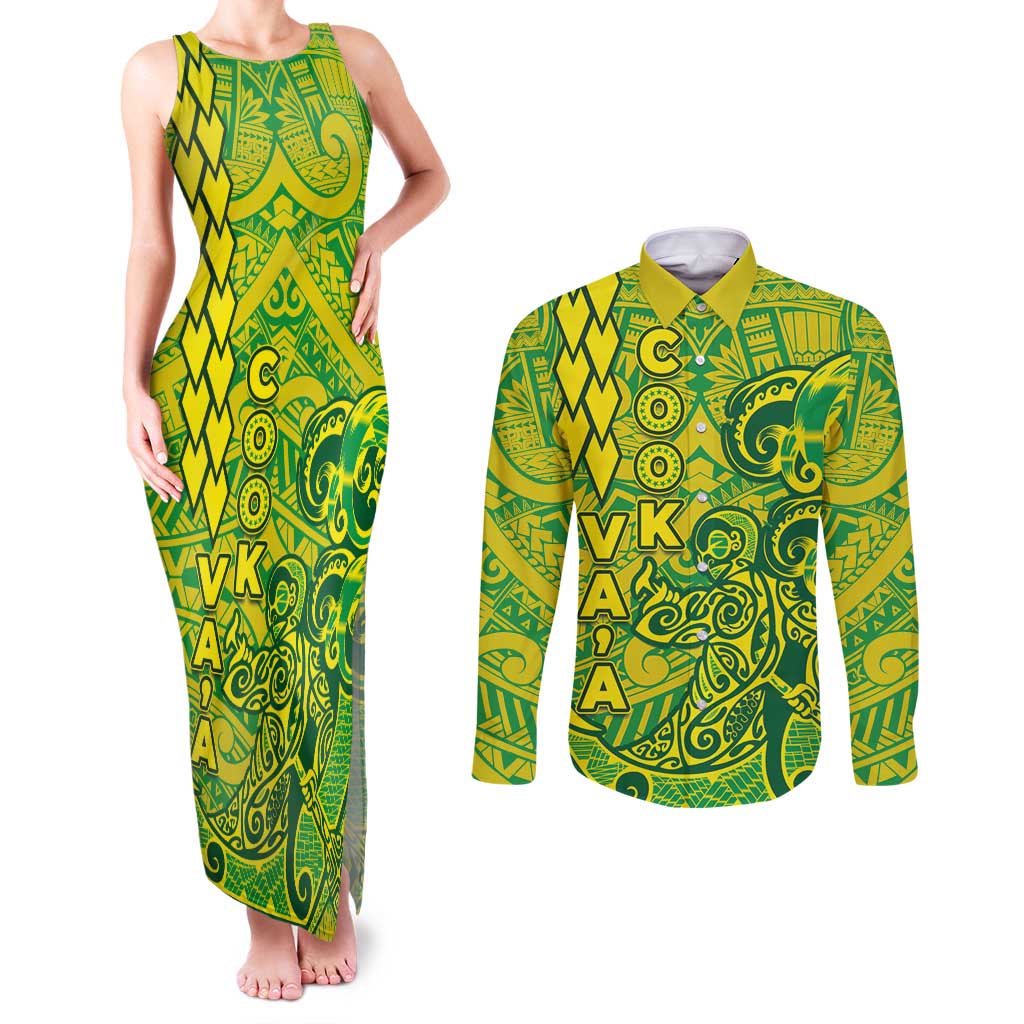 Cook Islands Va'a Polynesian Art Tattoo Couples Matching Tank Maxi Dress and Long Sleeve Button Shirt National Color LT03 Green - Yellow - Polynesian Pride