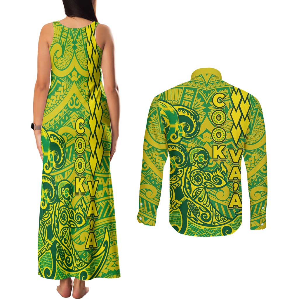 Cook Islands Va'a Polynesian Art Tattoo Couples Matching Tank Maxi Dress and Long Sleeve Button Shirt National Color LT03 - Polynesian Pride