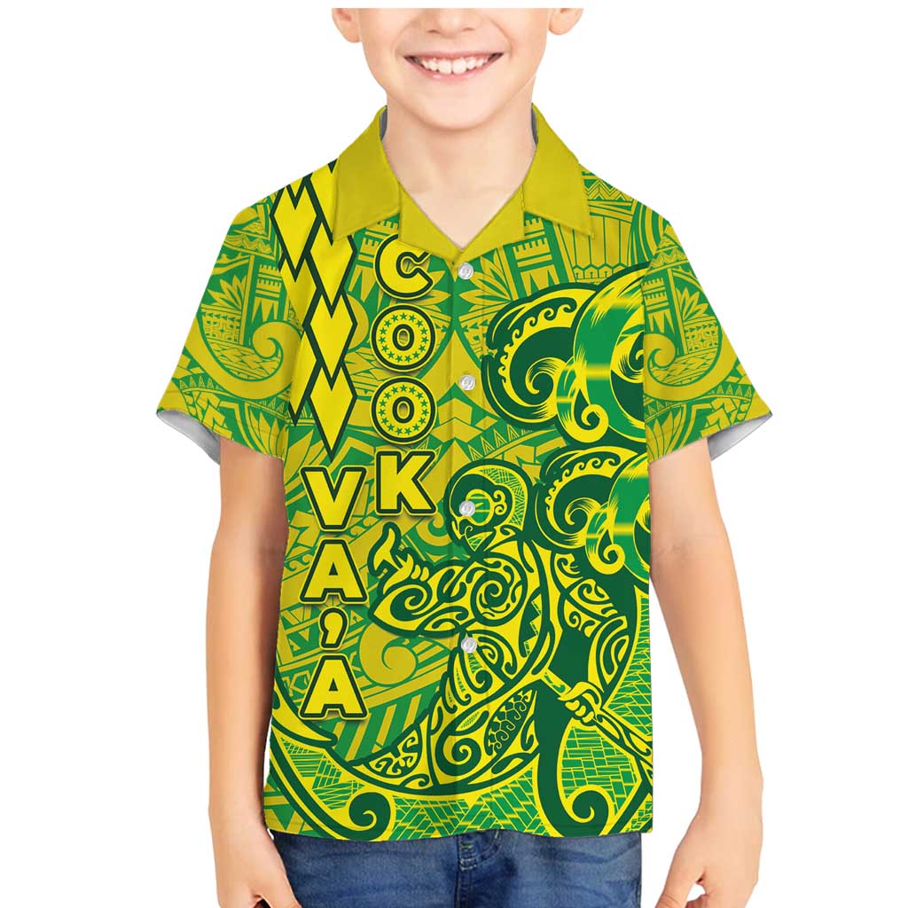 Cook Islands Va'a Polynesian Art Tattoo Family Matching Mermaid Dress and Hawaiian Shirt National Color LT03 Son's Shirt Green - Yellow - Polynesian Pride