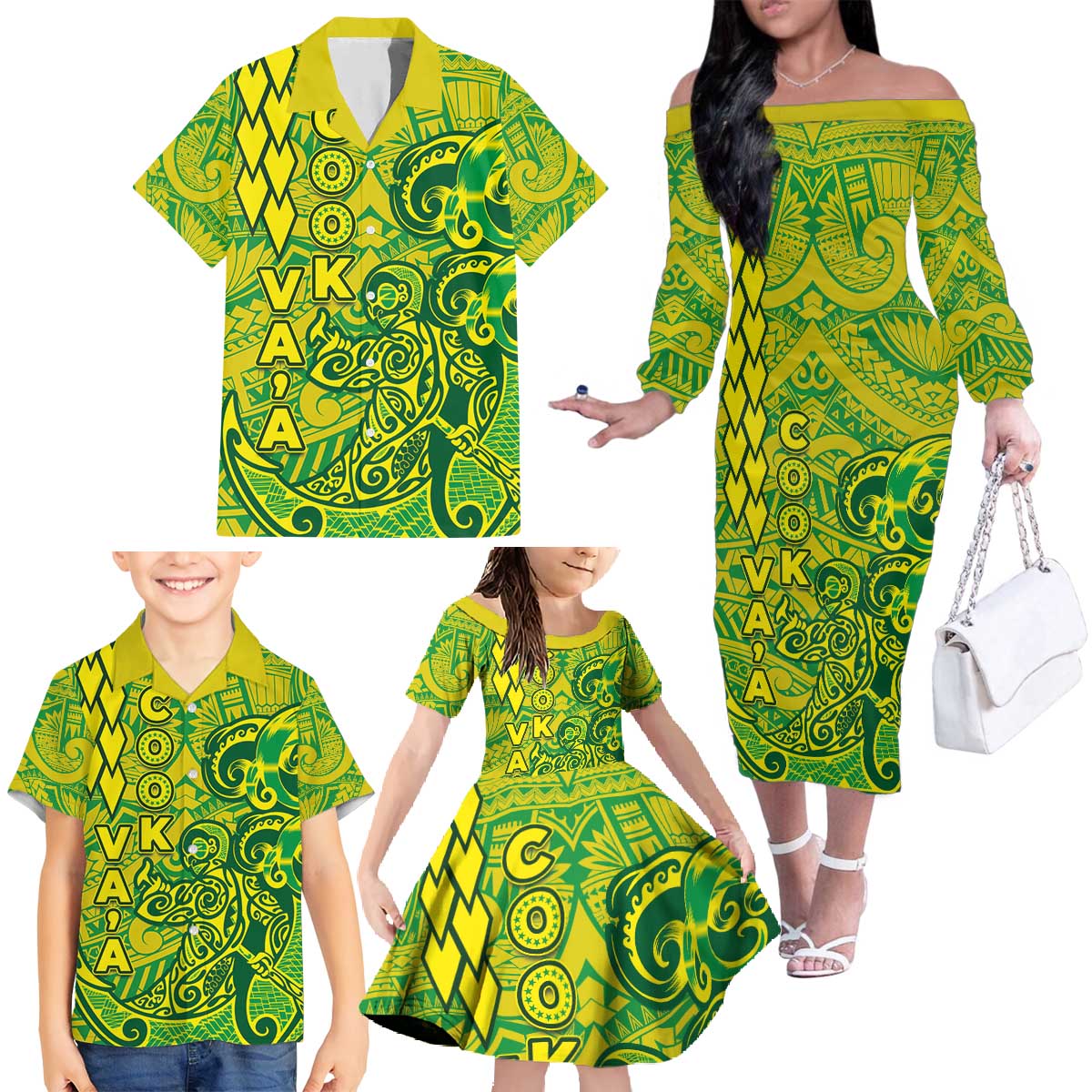 Cook Islands Va'a Polynesian Art Tattoo Family Matching Off The Shoulder Long Sleeve Dress and Hawaiian Shirt National Color LT03 - Polynesian Pride