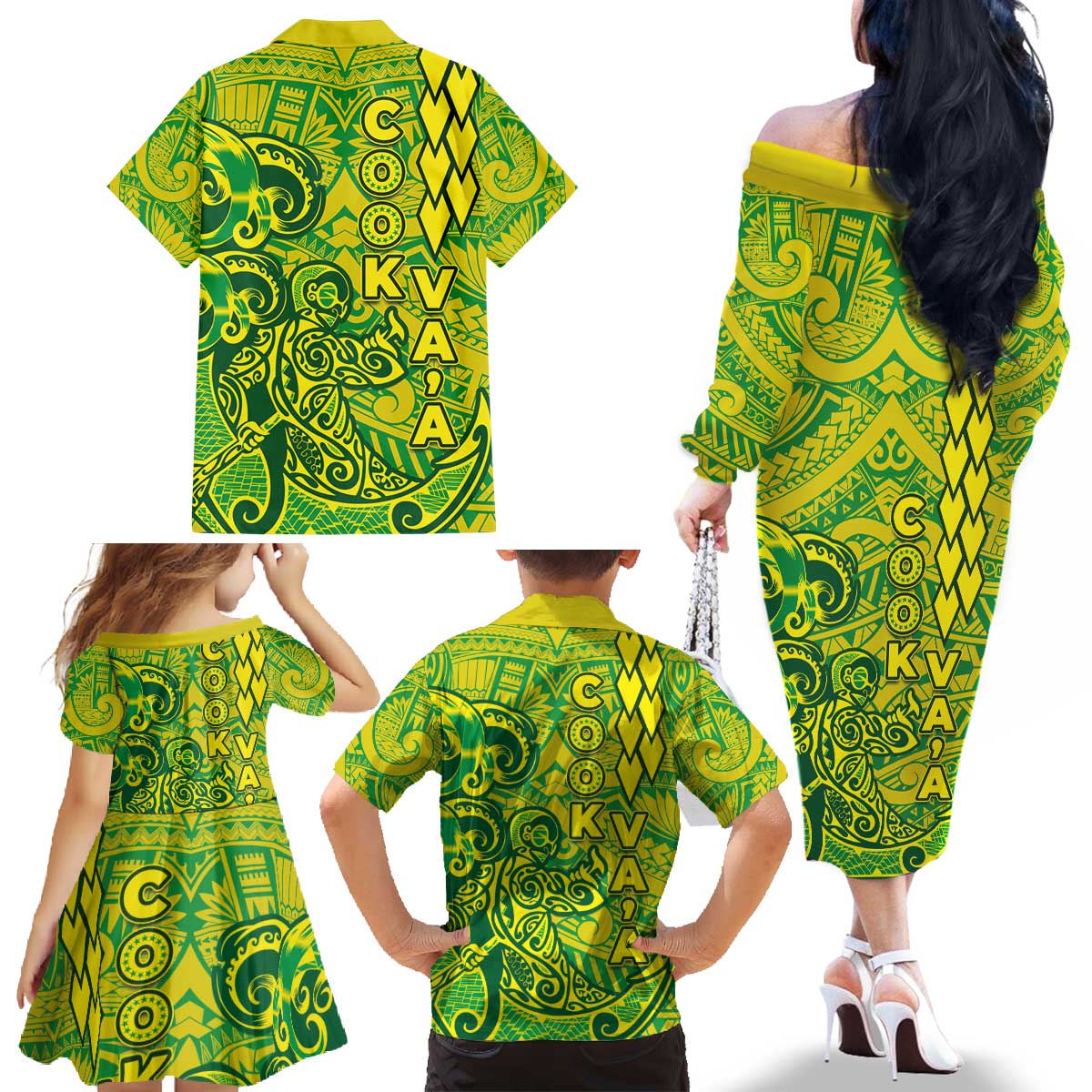 Cook Islands Va'a Polynesian Art Tattoo Family Matching Off The Shoulder Long Sleeve Dress and Hawaiian Shirt National Color LT03 - Polynesian Pride
