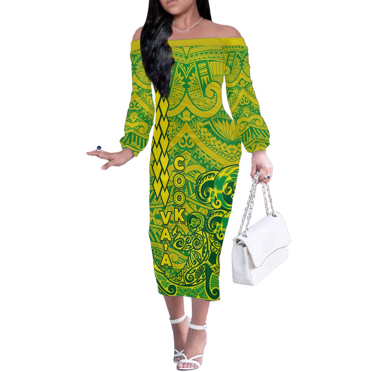 Cook Islands Va'a Polynesian Art Tattoo Family Matching Off The Shoulder Long Sleeve Dress and Hawaiian Shirt National Color LT03 Mom's Dress Green - Yellow - Polynesian Pride