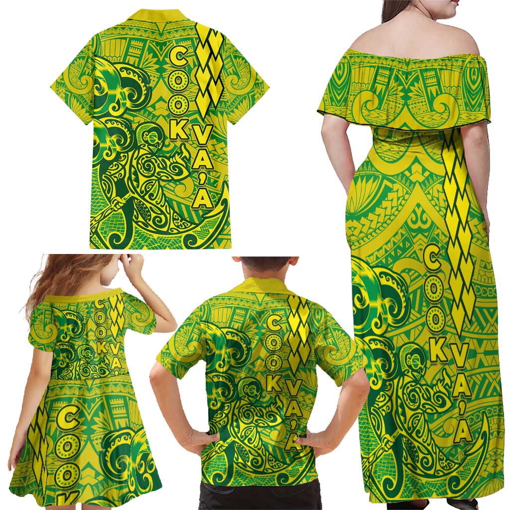 Cook Islands Va'a Polynesian Art Tattoo Family Matching Off Shoulder Maxi Dress and Hawaiian Shirt National Color LT03 - Polynesian Pride