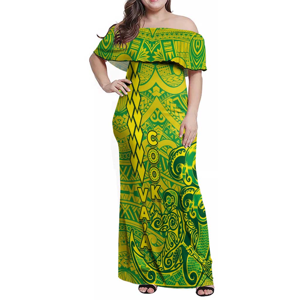 Cook Islands Va'a Polynesian Art Tattoo Family Matching Off Shoulder Maxi Dress and Hawaiian Shirt National Color LT03 Mom's Dress Green - Yellow - Polynesian Pride