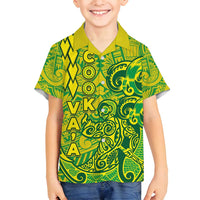 Cook Islands Va'a Polynesian Art Tattoo Family Matching Puletasi and Hawaiian Shirt National Color LT03 Son's Shirt Green - Yellow - Polynesian Pride