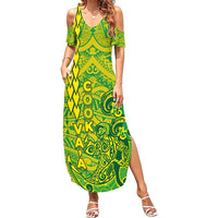 Cook Islands Va'a Polynesian Art Tattoo Family Matching Summer Maxi Dress and Hawaiian Shirt National Color LT03 Mom's Dress Green - Yellow - Polynesian Pride