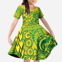 Cook Islands Va'a Polynesian Art Tattoo Family Matching Tank Maxi Dress and Hawaiian Shirt National Color LT03 Daughter's Dress Green - Yellow - Polynesian Pride