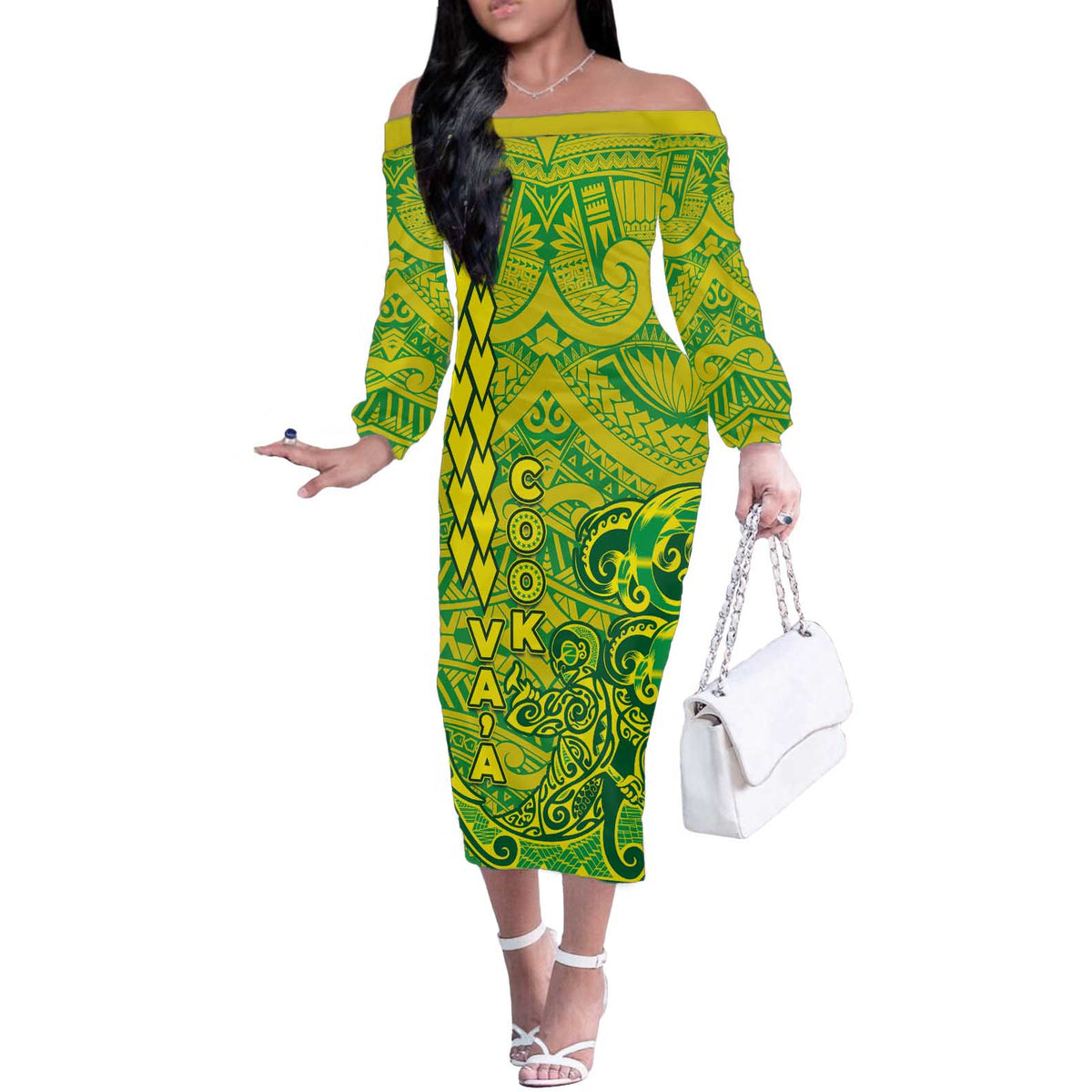 Cook Islands Va'a Polynesian Art Tattoo Off The Shoulder Long Sleeve Dress National Color LT03 Women Green - Yellow - Polynesian Pride