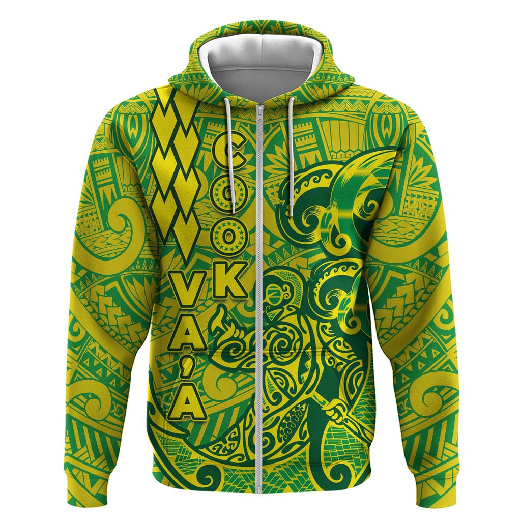 Cook Islands Va'a Polynesian Art Tattoo Zip Hoodie National Color LT03 Zip Hoodie Green - Yellow - Polynesian Pride