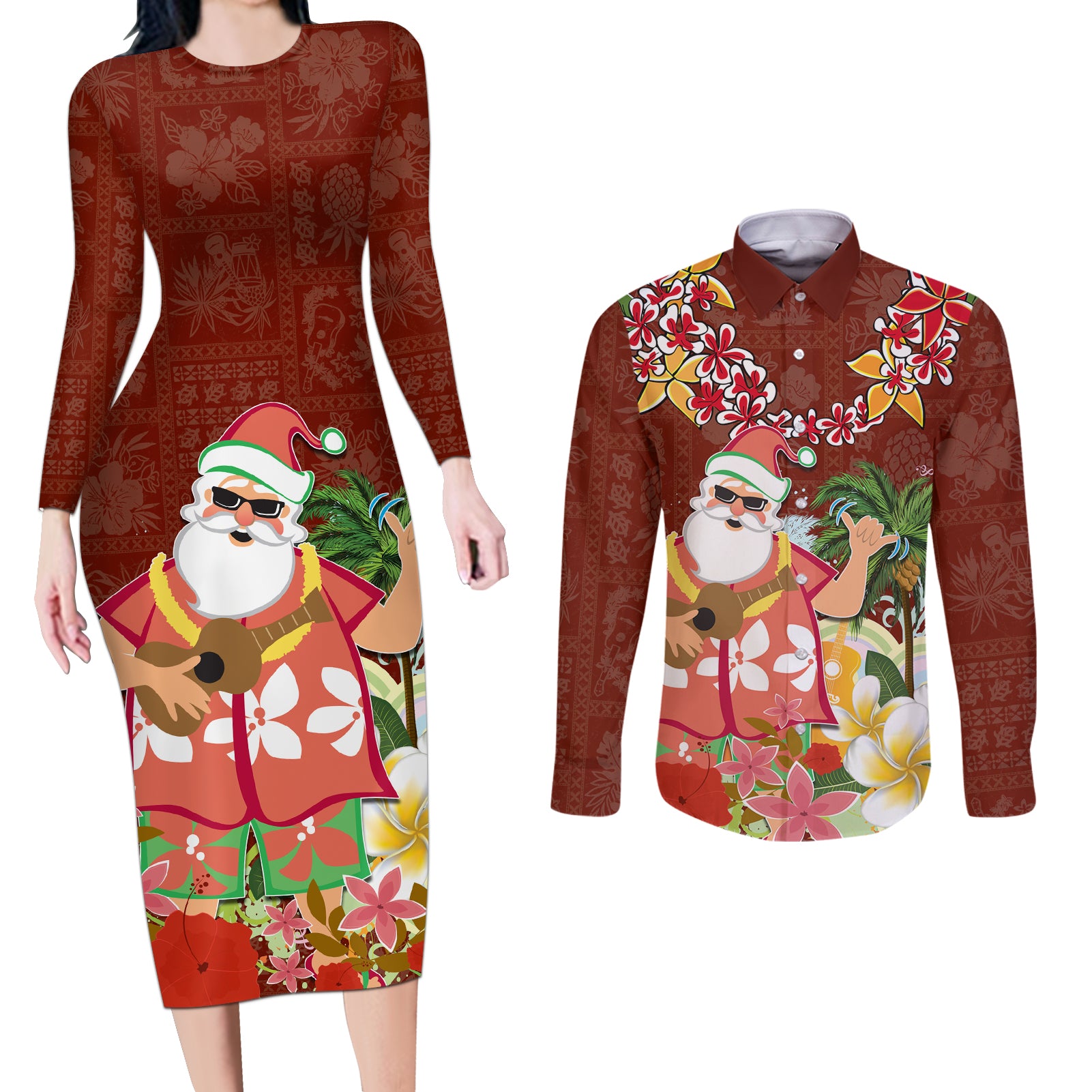 Hawaii Honu Mele Kalikimaka Couples Matching Long Sleeve Bodycon Dress and Long Sleeve Button Shirt Santa Tropical Flower Aloha Summer Red Version LT03 Red - Polynesian Pride