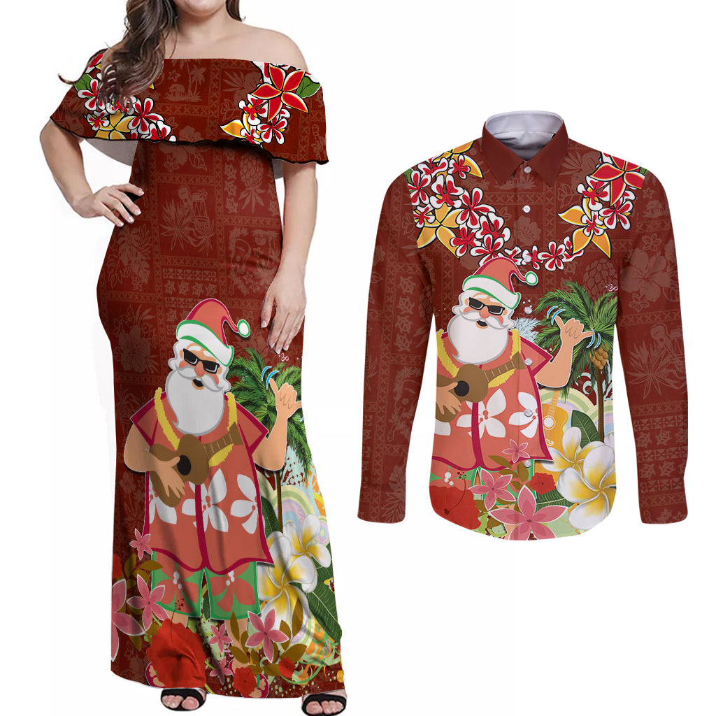 Hawaii Honu Mele Kalikimaka Couples Matching Off Shoulder Maxi Dress and Long Sleeve Button Shirt Santa Tropical Flower Aloha Summer Red Version LT03 Red - Polynesian Pride