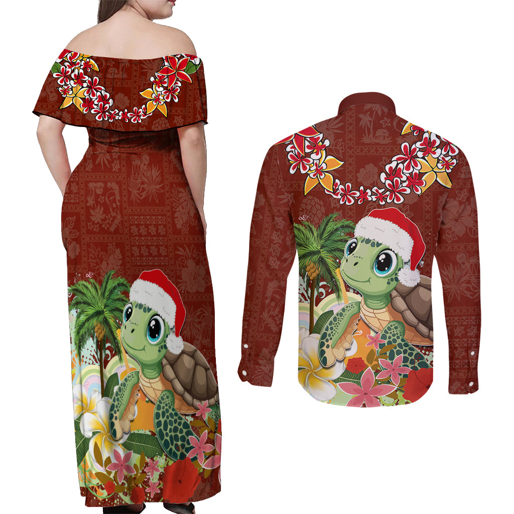 Hawaii Honu Mele Kalikimaka Couples Matching Off Shoulder Maxi Dress and Long Sleeve Button Shirt Santa Tropical Flower Aloha Summer Red Version LT03 - Polynesian Pride