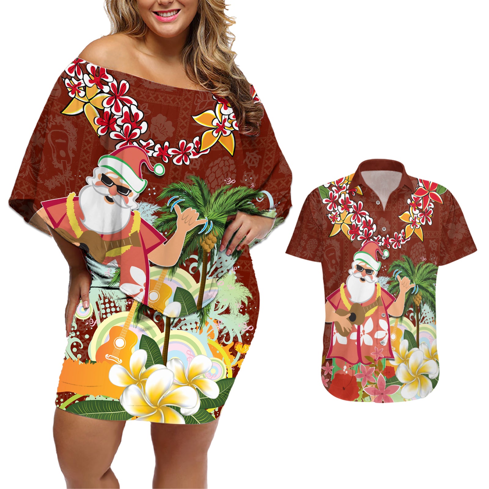 Hawaii Honu Mele Kalikimaka Couples Matching Off Shoulder Short Dress and Hawaiian Shirt Santa Tropical Flower Aloha Summer Red Version LT03 Red - Polynesian Pride