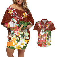 Hawaii Honu Mele Kalikimaka Couples Matching Off Shoulder Short Dress and Hawaiian Shirt Santa Tropical Flower Aloha Summer Red Version LT03 Red - Polynesian Pride