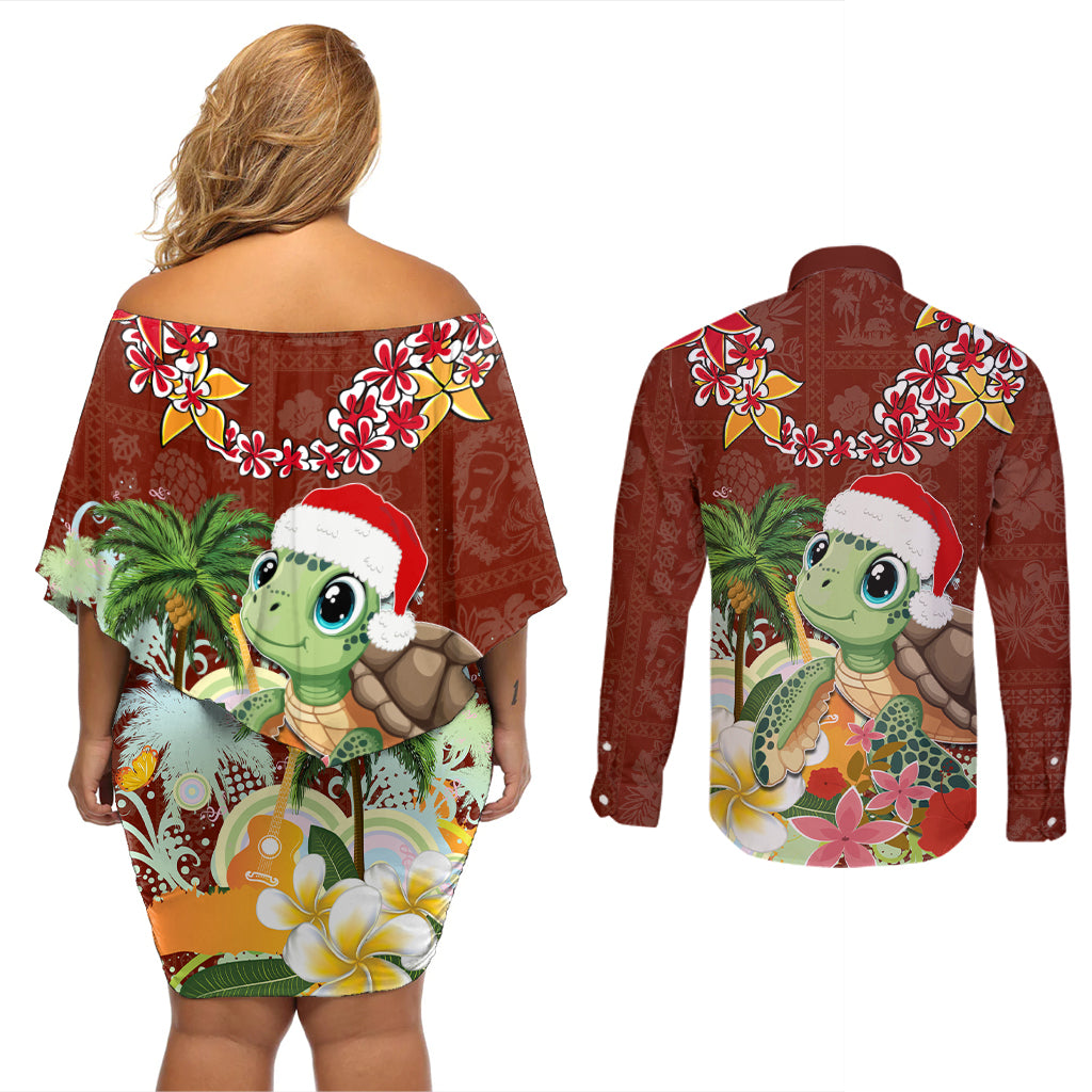 Hawaii Honu Mele Kalikimaka Couples Matching Off Shoulder Short Dress and Long Sleeve Button Shirt Santa Tropical Flower Aloha Summer Red Version LT03 - Polynesian Pride