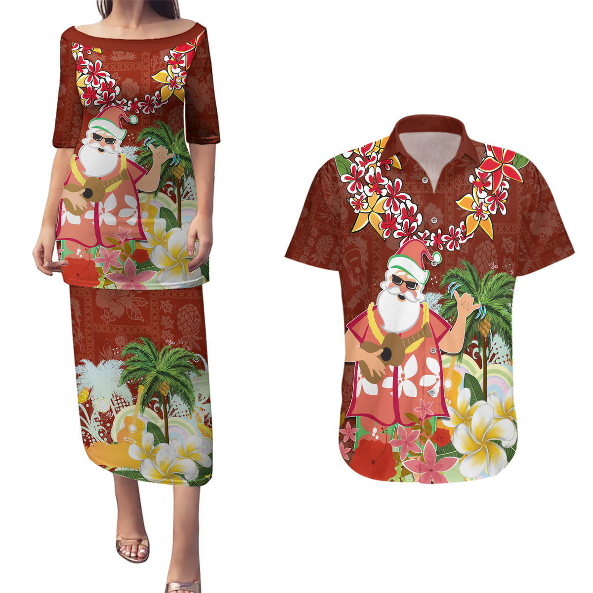 Hawaii Honu Mele Kalikimaka Couples Matching Puletasi Dress and Hawaiian Shirt Santa Tropical Flower Aloha Summer Red Version LT03 Red - Polynesian Pride