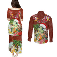 Hawaii Honu Mele Kalikimaka Couples Matching Puletasi Dress and Long Sleeve Button Shirt Santa Tropical Flower Aloha Summer Red Version LT03 - Polynesian Pride